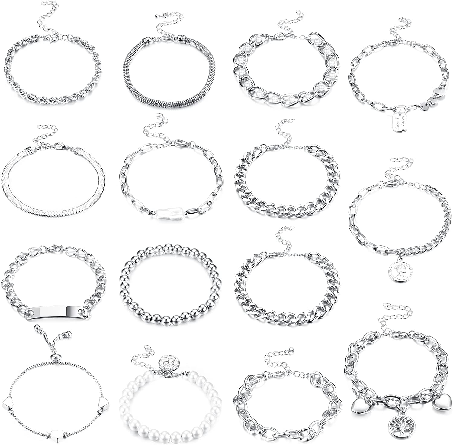 RnBLM JEWELRY 15 PCS Gold Chain Bracelets Set for Women Egirls, Dainty Gold Plated Link Paperclip Cuban Chunky Flat Bracelets, Fashion Adjustable Cable Pearl Beaded Snake Chain Jewelry